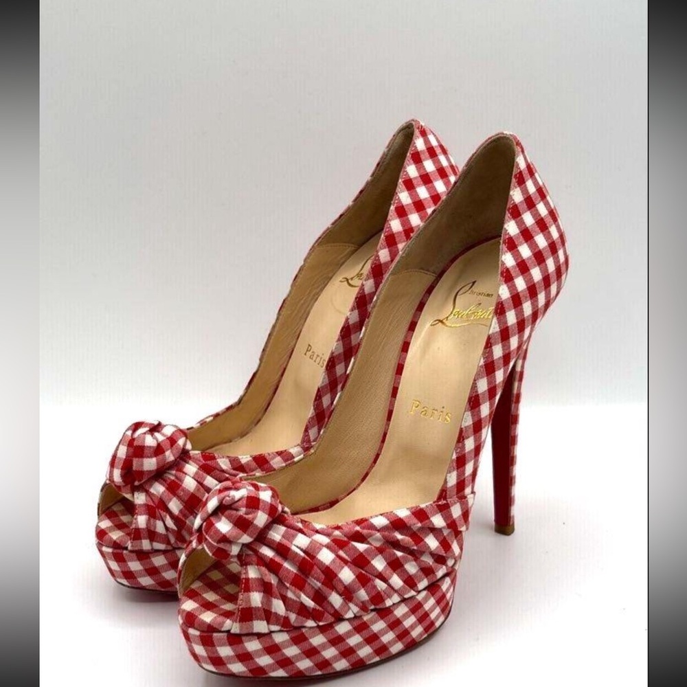Christian Louboutin Red Checkered High Heel Pumps size 38.5 - US 8 1/2! Worn 1 X - Picture 2 of 8